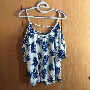 Blue and white floral cold shoulder top